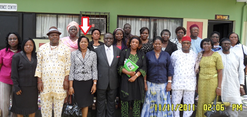 The late Mrs Ladipo (arrowed) with former King's College's Principal, Otunba Dele Olapeju (3rd from left), and former Executive Secretary, National Universities Commission (NUC), Prof Peter Okebukola (5th from left) and other participants after a workshop held in Lagos.